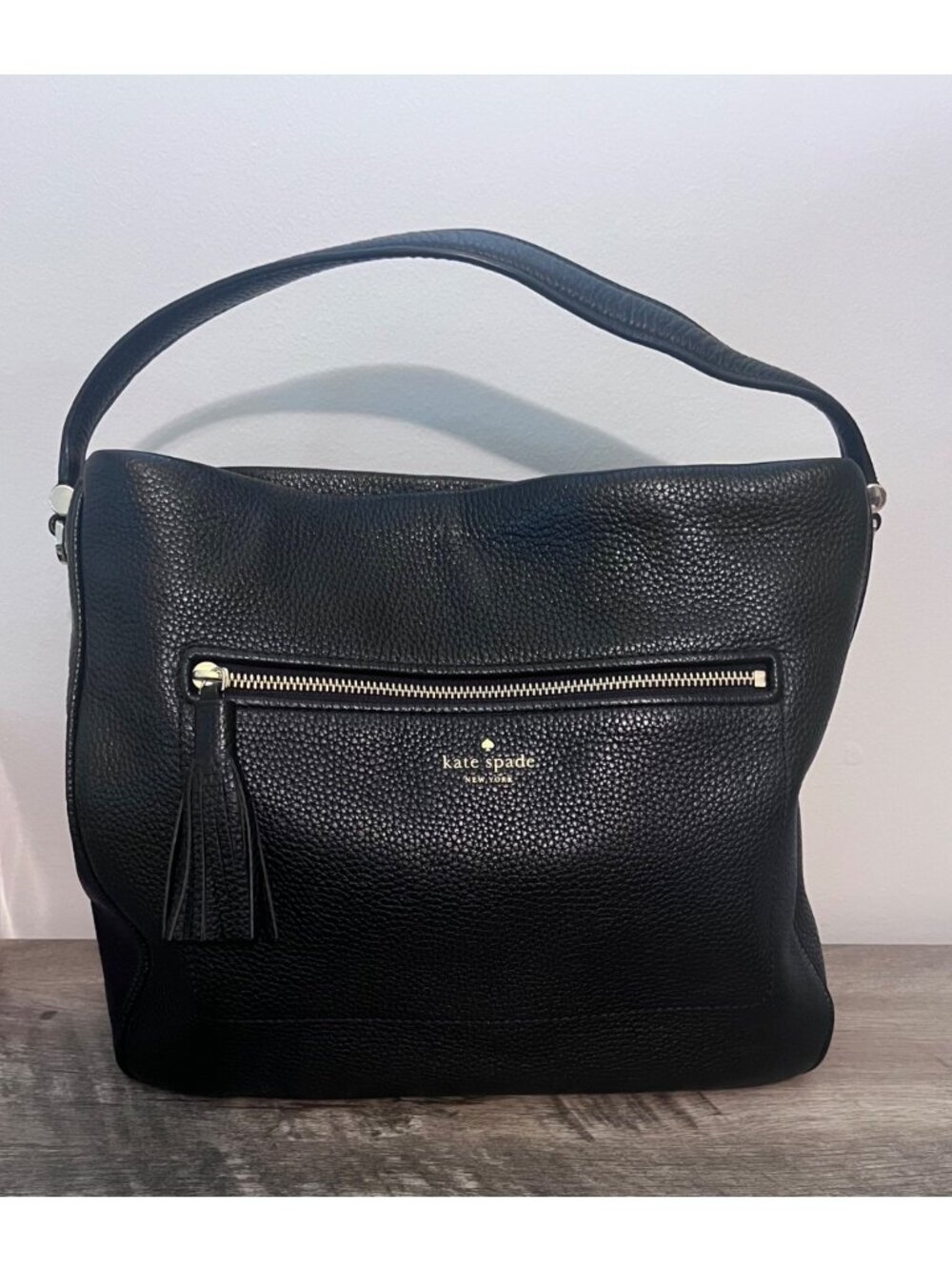 Kate Spade Black Pebbled Leather Shoulder Bag Tassel Zip Pocket
